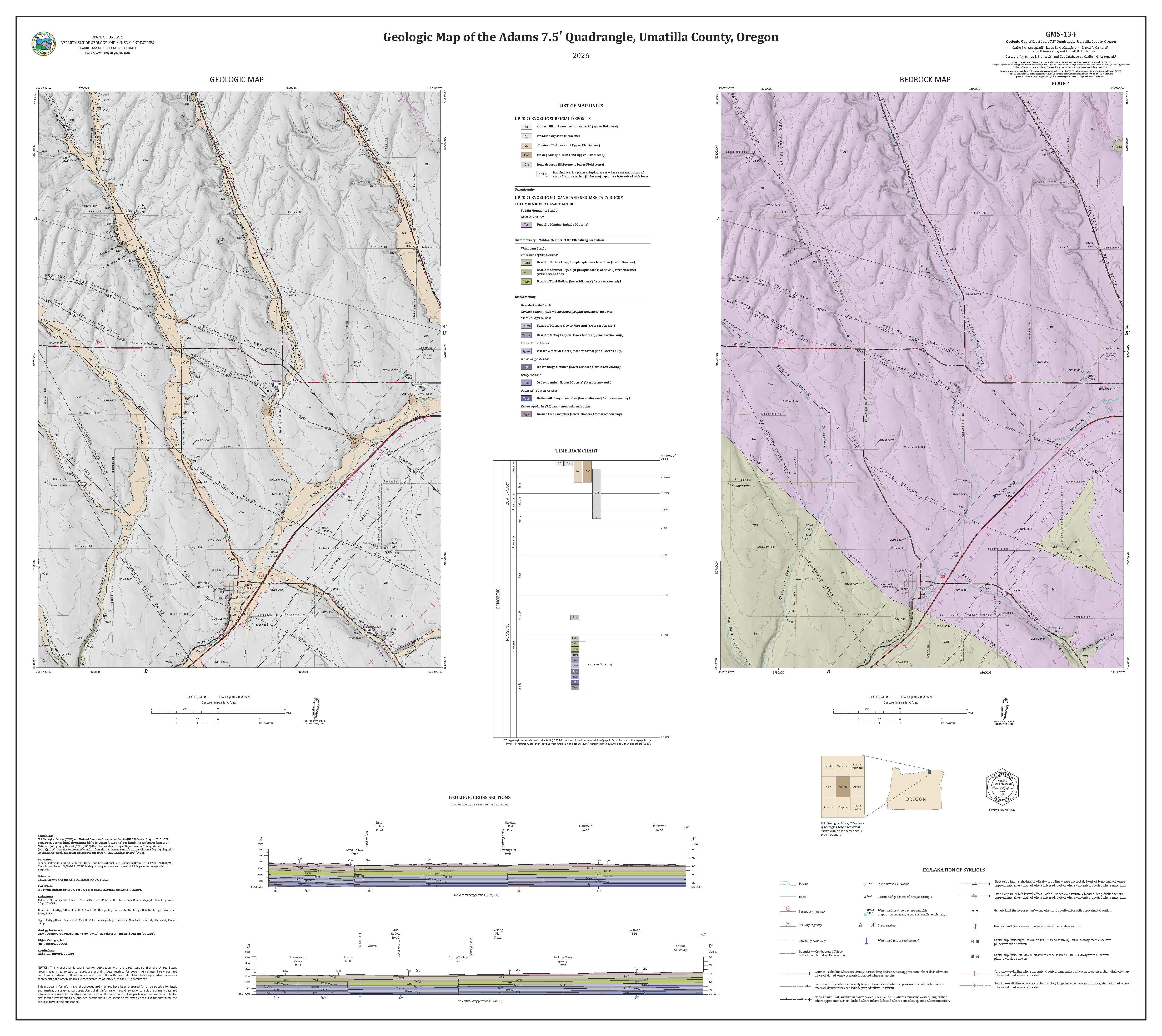 Thumbnail of Plate 1 showing the geologic and bedrock map of the Adams 7.5' Quadrangle