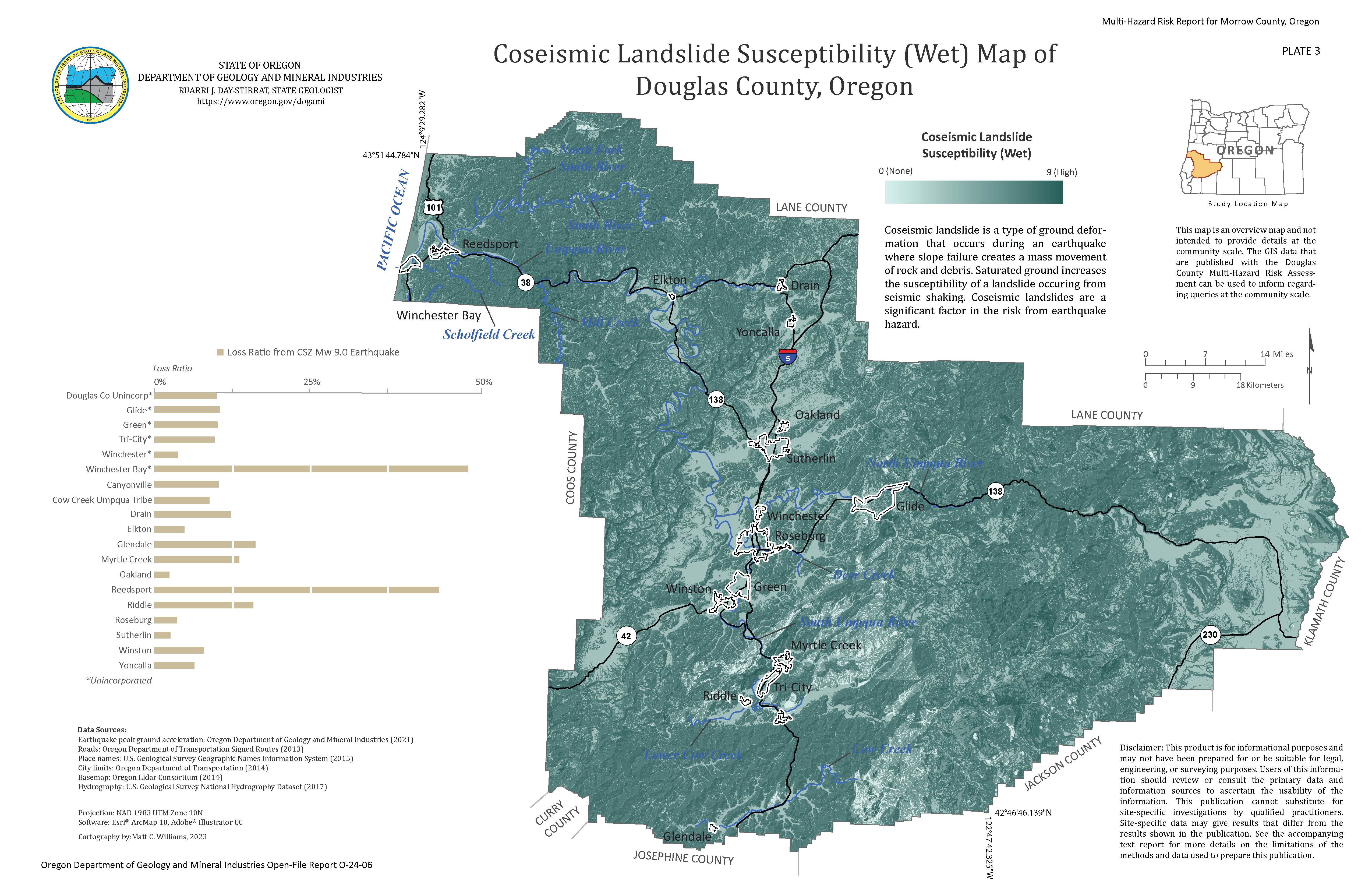 Plate 3 - Coseismic Landslide Susceptibility (Wet) Map of Douglas County, Oregon