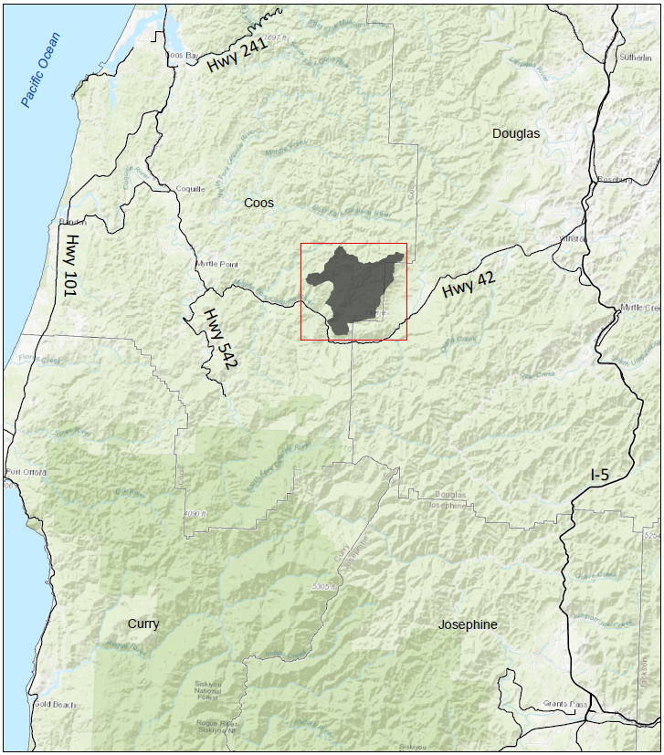 A map showing the location of the Middle Fork of the Coquille River Watershed in the broader context of western Oregon.