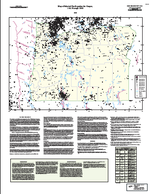 Map of selected earthquakes for Oregon, 1841-2002, by Clark A. Niewendorp and Mark E. Neuhaus, 2003