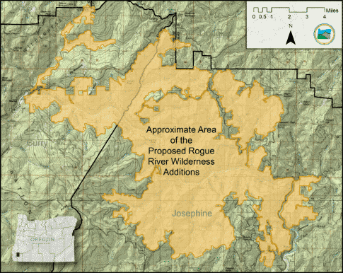 DOGAMI O-13-04, Figur 1: Location of the approximate area of the proposed Wild Rogue Wilderness Area Additions (orange; note: not an official map of the proposed RWAA) in southwestern Oregon. This area includes the proposed Scenic River Additions (not delineated).
