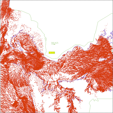 Still from animation of current vectors showing the progression of an XXL1 tsunami occurring on a flood tide and with still from animation showing average river flows (Run06) into the Columbia River estuary