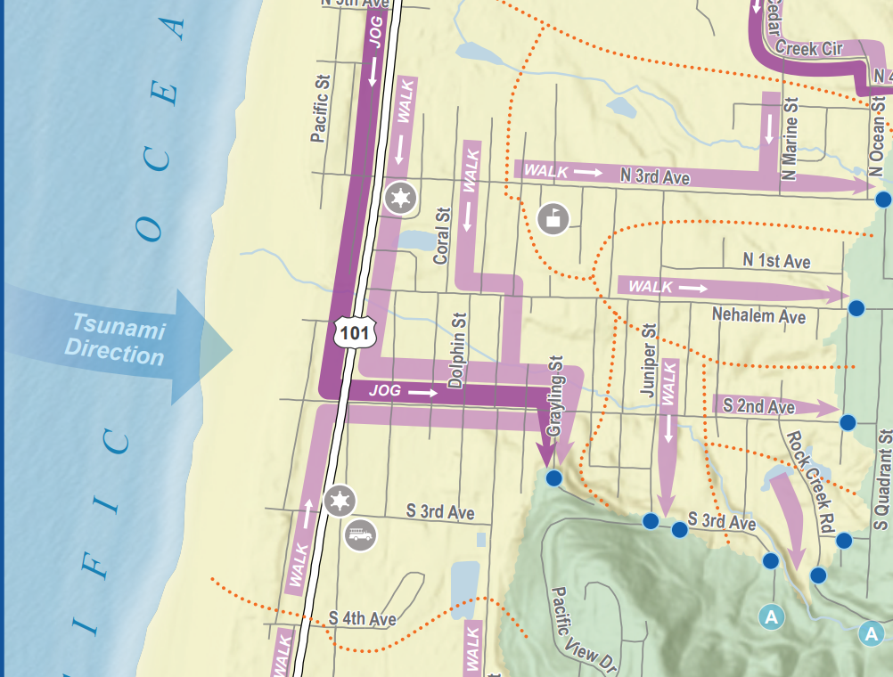 Screenshot of a section of the Rockaway Beach tsunami evacuation map showing where it is necessary to walk or jog to escape the 