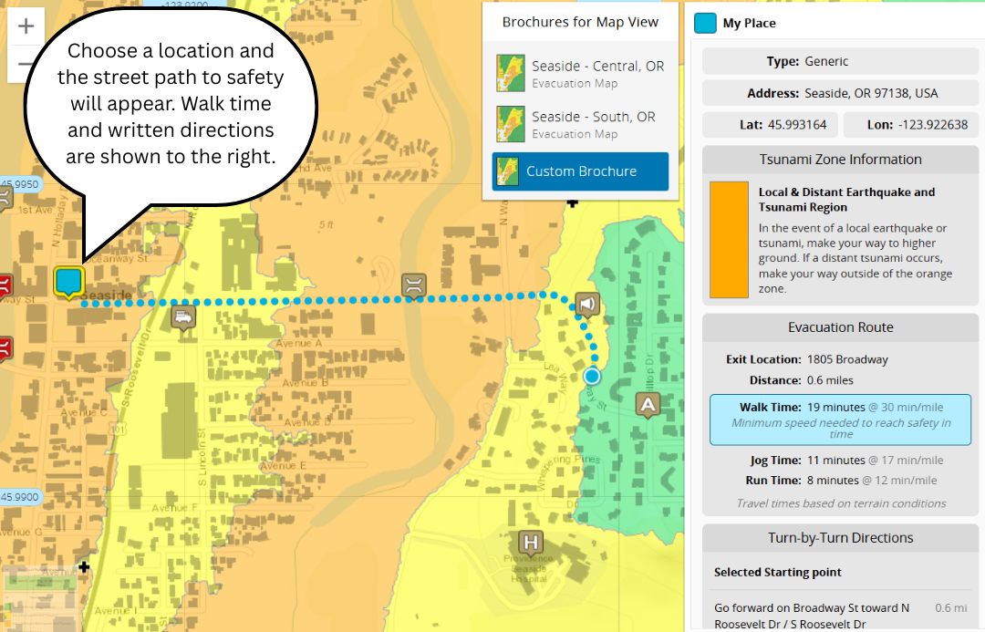 Screenshot of NVS Tsunami Viewer showing the best path to evacuate in the case of a tsunami; a text bubble in the image reads "Choose a location and the street path to safety will appear. Walk time and written directions are shown to the right."